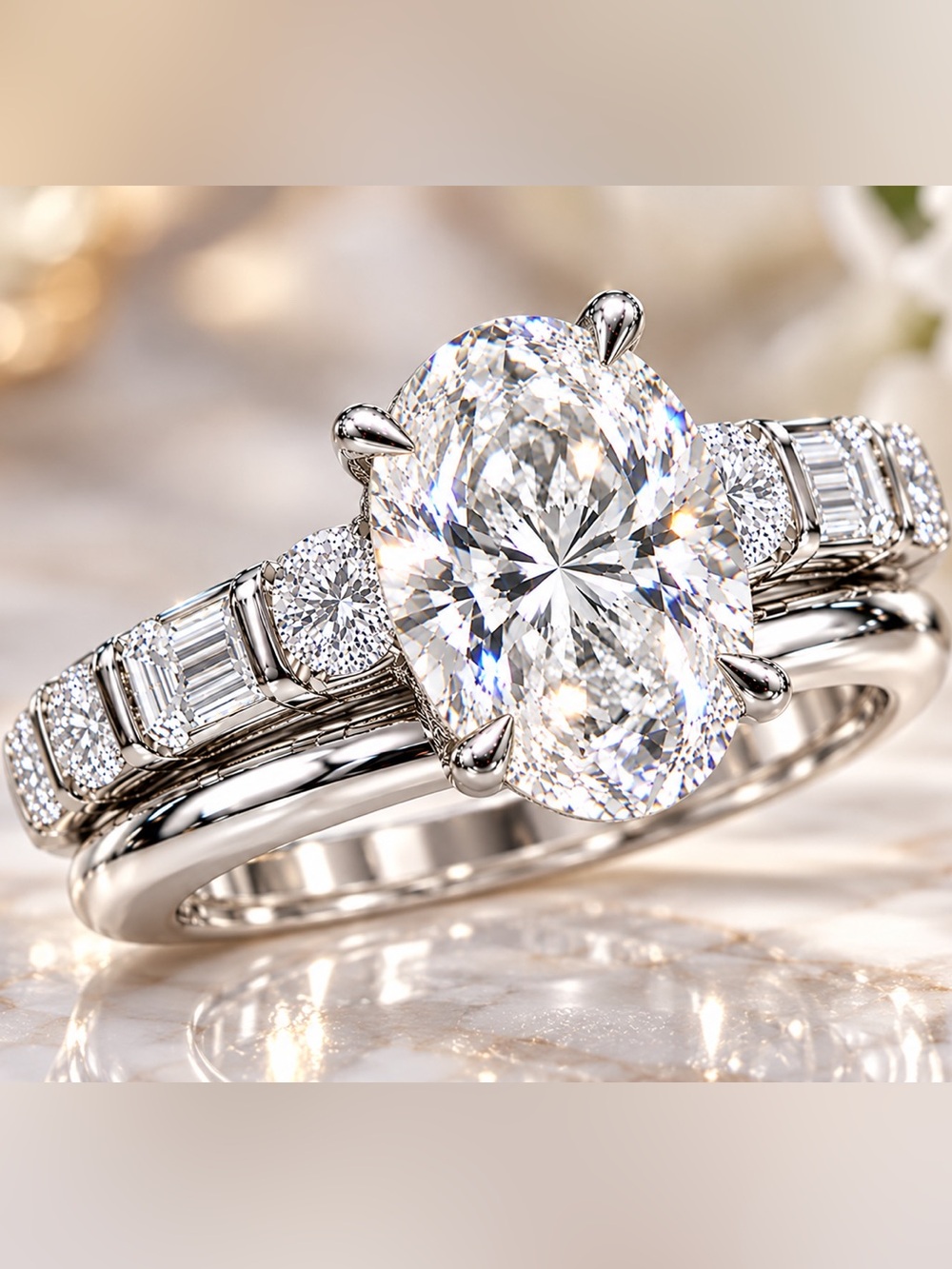 Kesslers 3 CT Oval Lab Diamond Engagement Ring + Diamond Band Set - Size 5